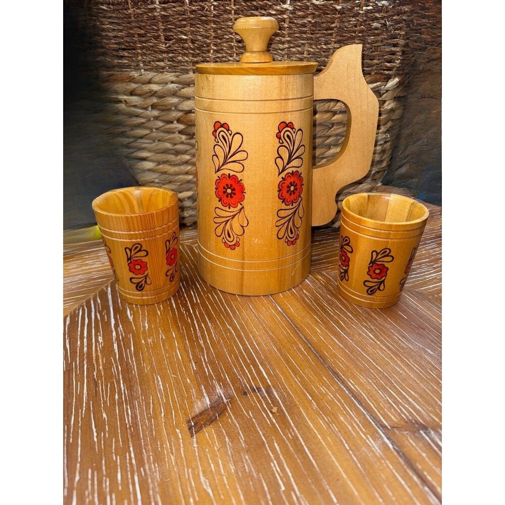 Handcarved Russian Wooden Tankard & Glasses Set With Floral Design - Vintage 195